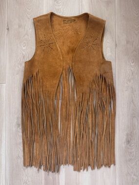 VTG 70s Genuine Suede Long Fringe Vest Tan Boho Western Festival Leather Sz XS/S